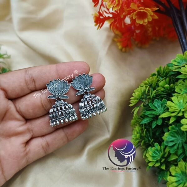 Traditional Golden | Silver Lotus Jhumka - Image 3