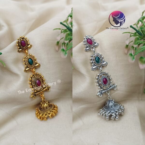 Traditional Golden | Silver Stone Long Jhumka - Image 2