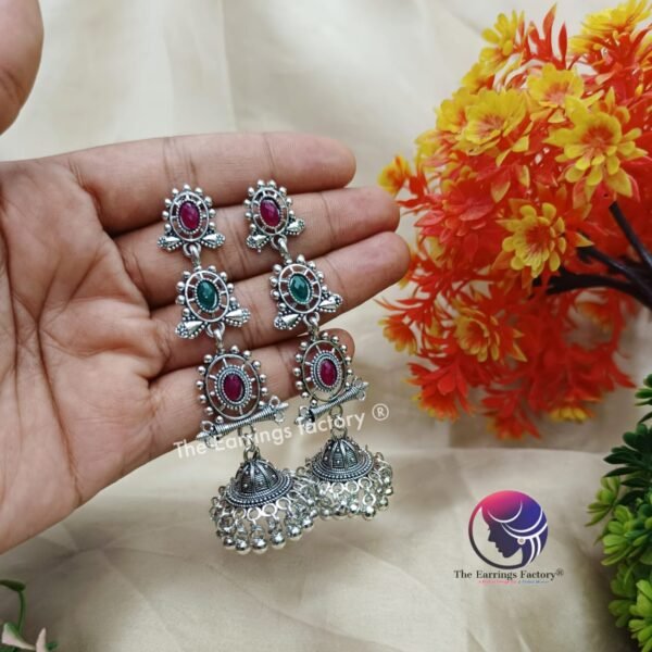 Traditional Golden | Silver Stone Long Jhumka - Image 3