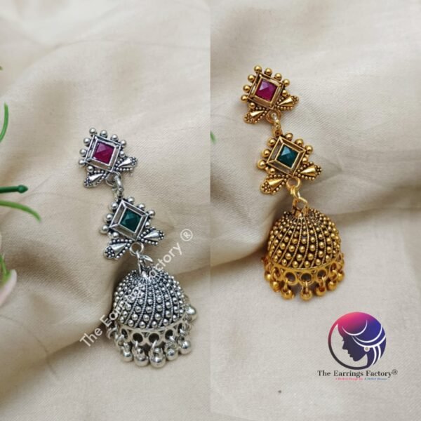 Traditional Golden | Silver Multi Stone Long Jhumka - Image 2