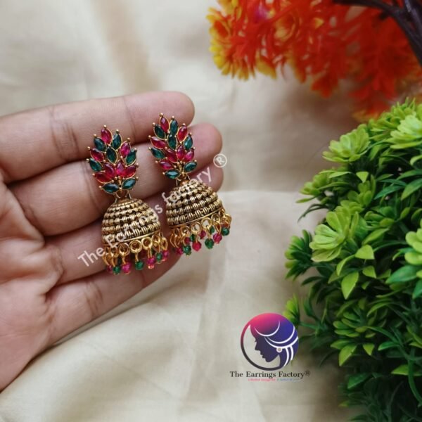 Traditional Golden Multi Stone Jhumka - Image 4