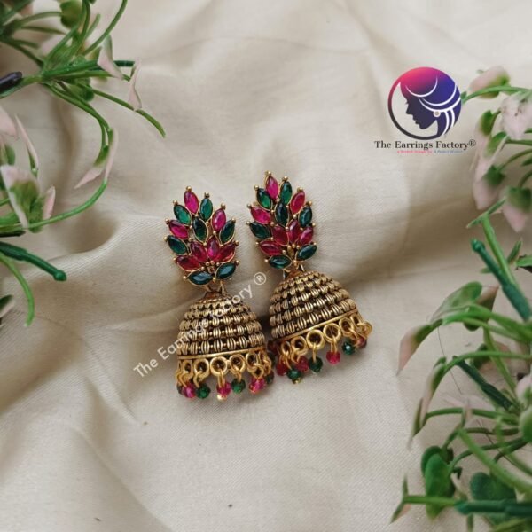 Traditional Golden Multi Stone Jhumka - Image 2