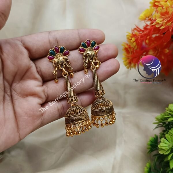 Traditional Golden | Silver Stone Long Jhumka - Image 3