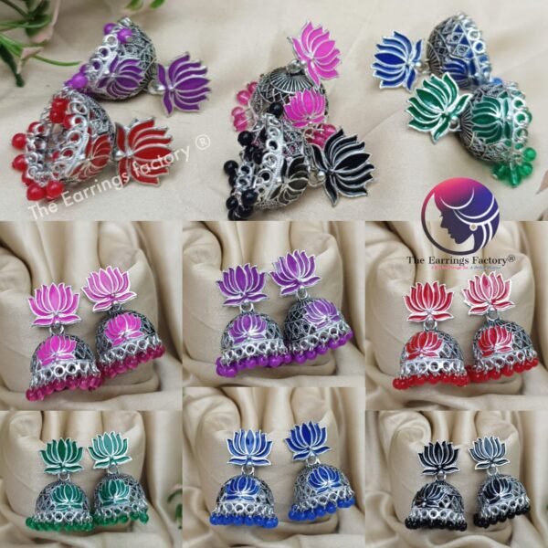 Traditional Silver Colourful Lotus Jhumka