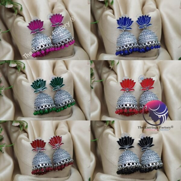 Traditional Silver Colourful Lotus Jhumka - Image 2