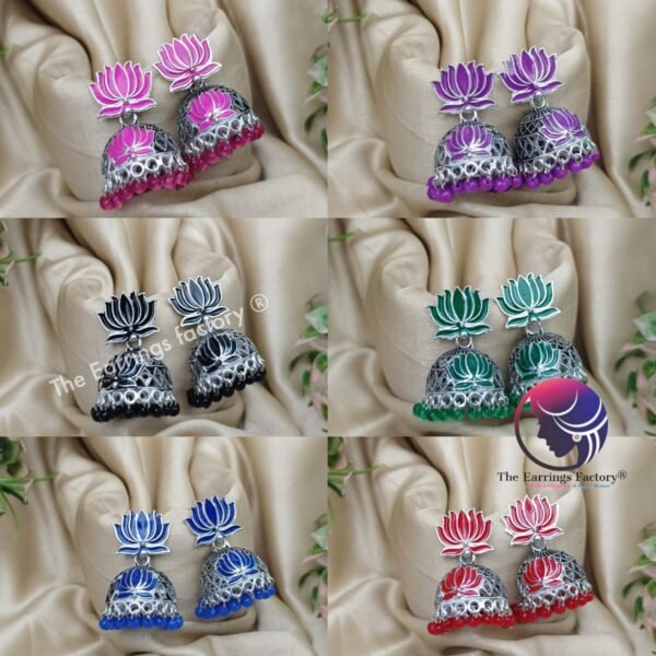 Traditional Silver Colourful Lotus Jhumka - Image 2