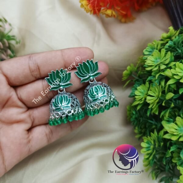Traditional Silver Colourful Lotus Jhumka - Image 3