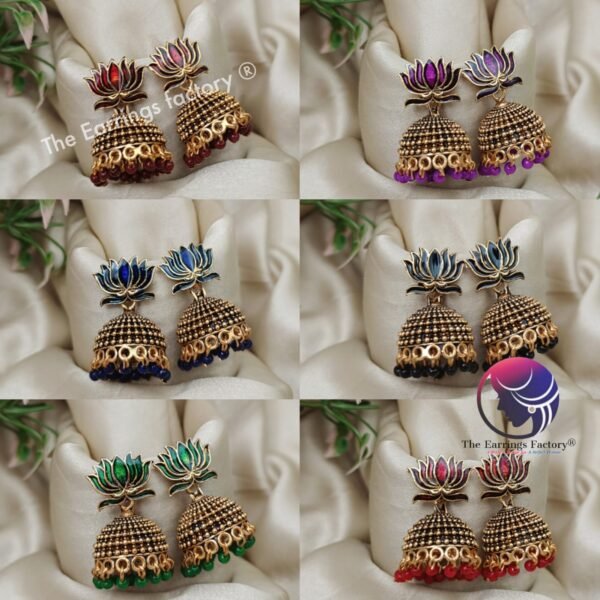 Traditional Golden Colourful Lotus Jhumka - Image 2