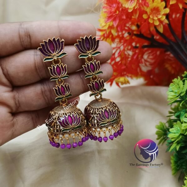 Traditional Golden Colourful Lotus Long Jhumka - Image 2