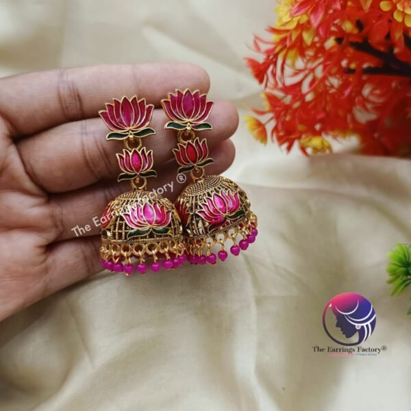 Traditional Golden Colourful Lotus Long Jhumka - Image 3