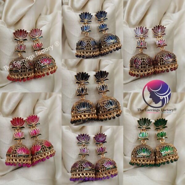 Traditional Golden Colourful Lotus Long Jhumka - Image 2