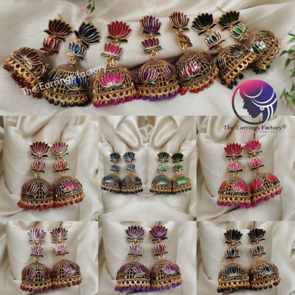 Traditional Golden Colourful Lotus Long Jhumka