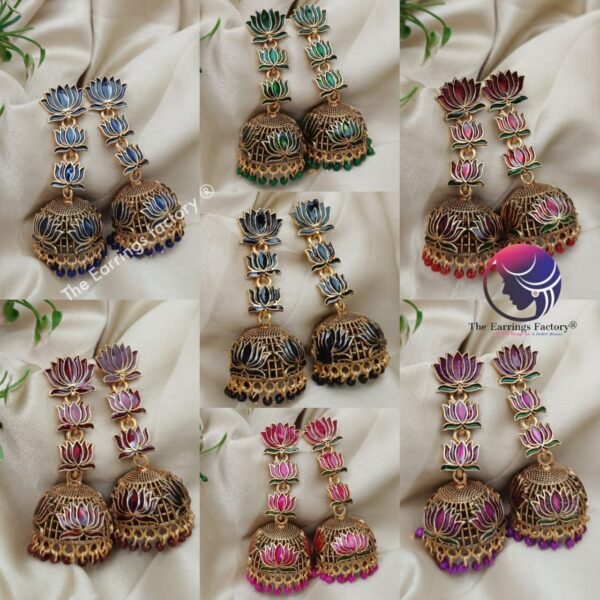 Traditional Golden Colourful Lotus Long Jhumka