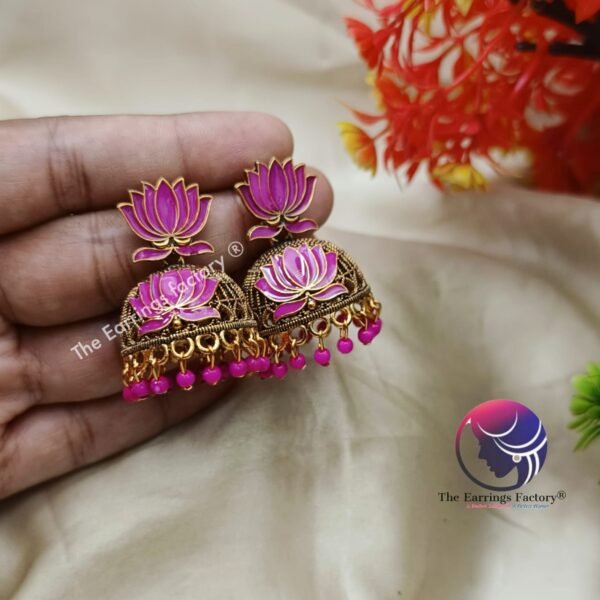 Traditional Golden Colourful Lotus Jhumka - Image 3