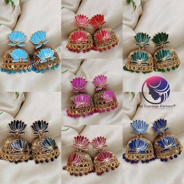 Traditional Golden Colourful Lotus Jhumka - Image 2