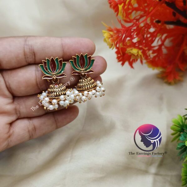 Traditional Golden Colourful Lotus Pearl Jhumka - Image 3