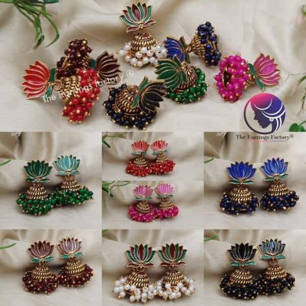 Traditional Golden Colourful Lotus Pearl Jhumka
