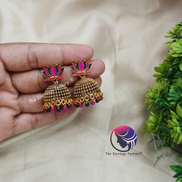 Traditional Golden Multi Colour Lotus Jhumka - Image 4