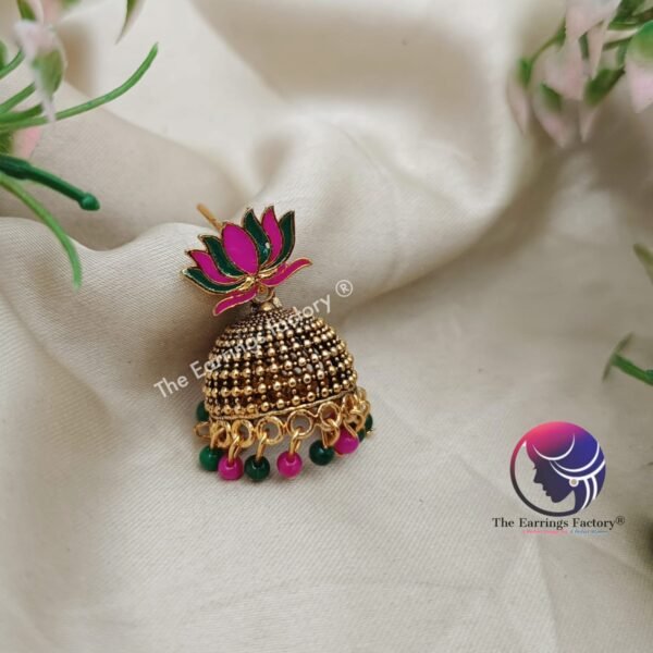 Traditional Golden Multi Colour Lotus Jhumka - Image 2