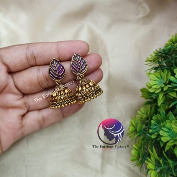 Traditional Golden Colourful Leaf Jhumka - Image 3
