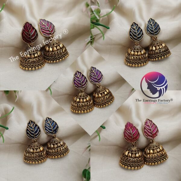 Traditional Golden Colourful Leaf Jhumka - Image 2