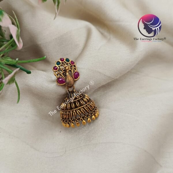 Traditional Golden Multi Stone Peacock Jhumka - Image 3