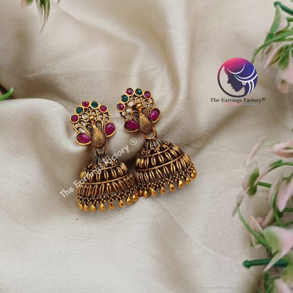 Traditional Golden Multi Stone Peacock Jhumka - Image 2