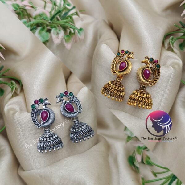 Traditional Multi Stone Golden | Silver Peacock jhumka - Image 2