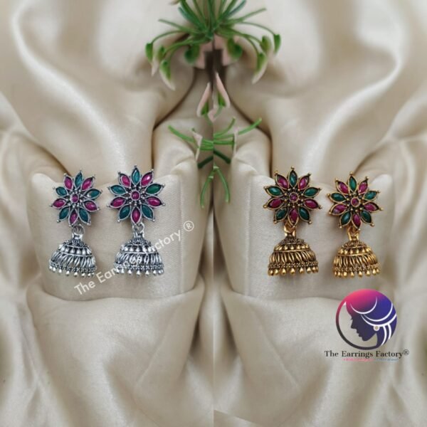 Traditional Multi Stone Golden | Silver Jhumka - Image 2