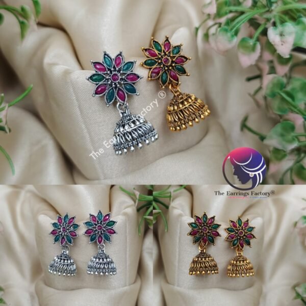 Traditional Multi Stone Golden | Silver Jhumka