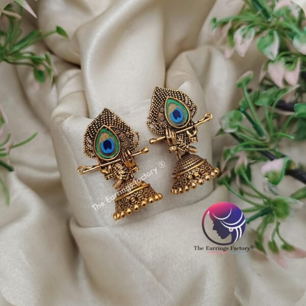 Traditional Golden Radha krishna Peacock Jhumka - Image 2