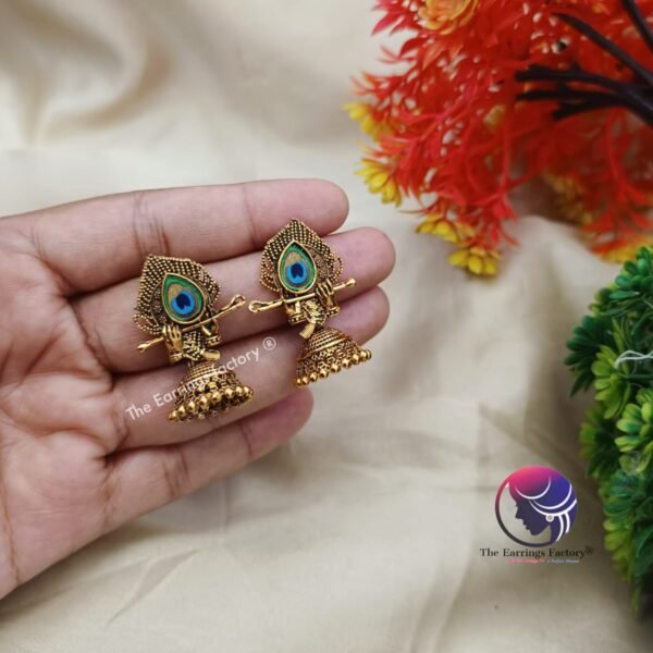 Traditional Golden Radha krishna Peacock Jhumka - Image 4