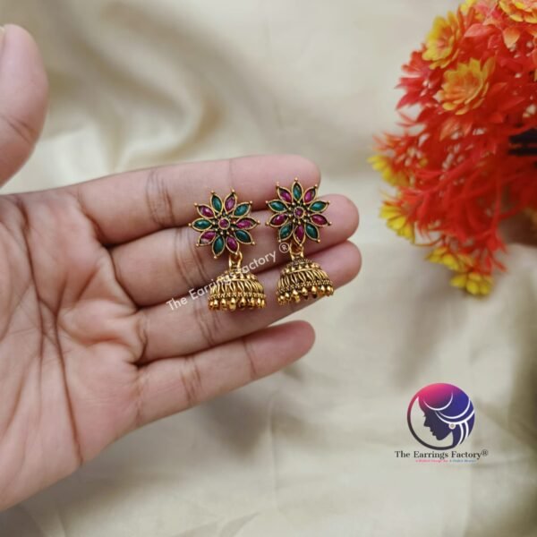 Traditional Multi Stone Golden | Silver Jhumka - Image 3