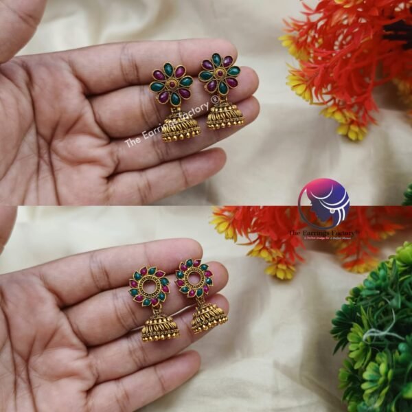 Traditional Multi Stone Golden Jhumka - Image 3