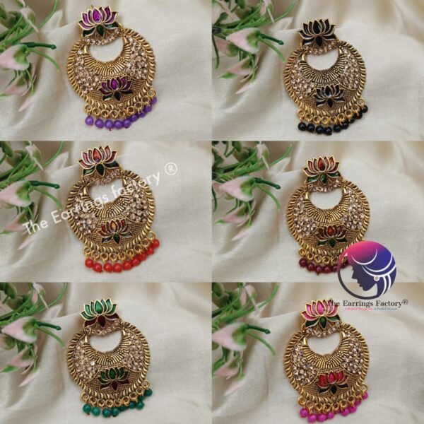 Traditional Golden Colourful Lotus Earrings - Image 2