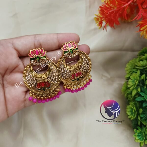 Traditional Golden Colourful Lotus Earrings - Image 3