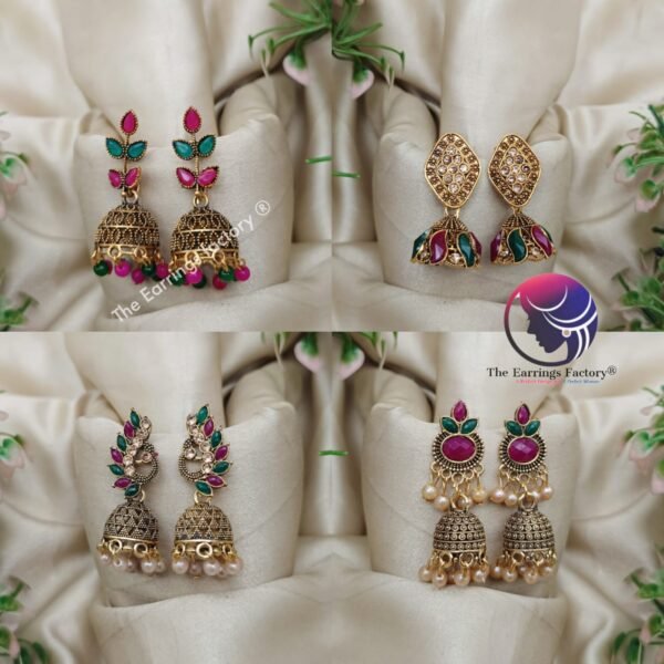 Traditional Multi Stone Golden Jhumka - Image 2