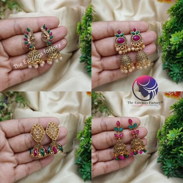 Traditional Multi Stone Golden Jhumka - Image 3