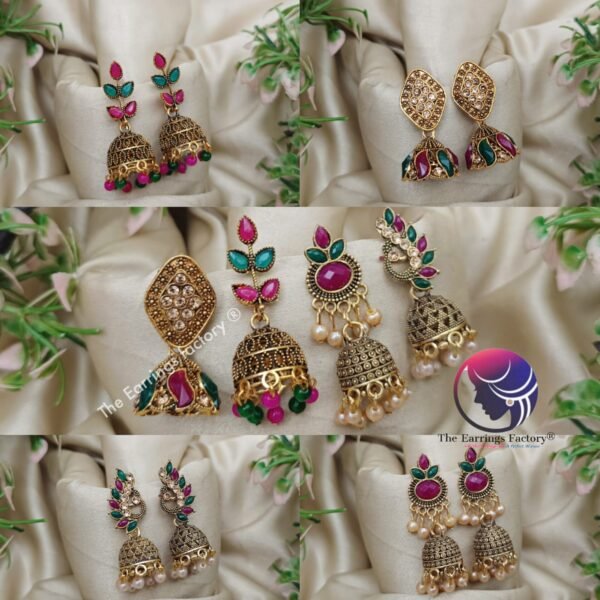 Traditional Multi Stone Golden Jhumka