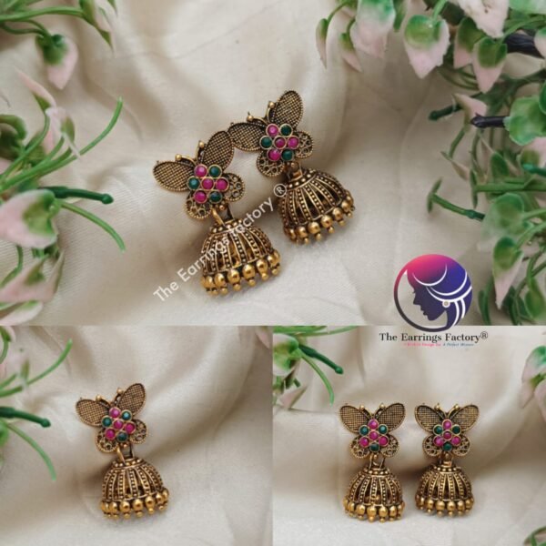 Traditional Multi Stone Golden Butterfly Jhumka