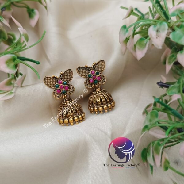 Traditional Multi Stone Golden Butterfly Jhumka - Image 4