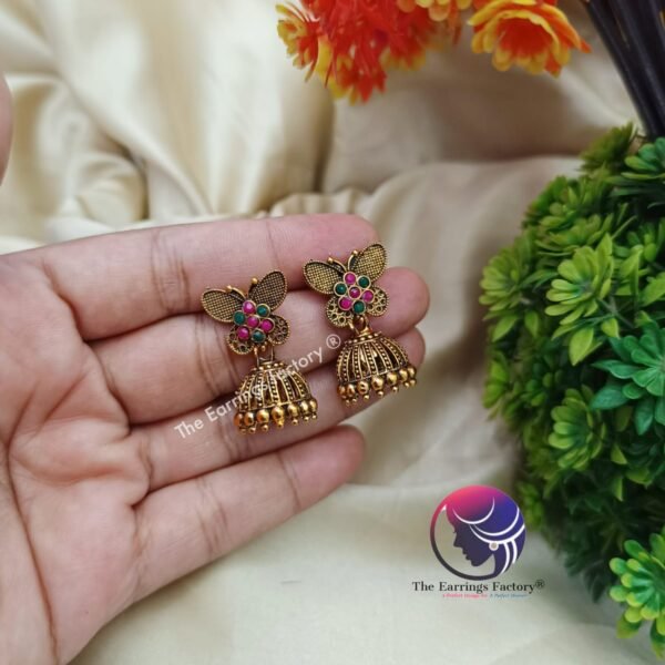 Traditional Multi Stone Golden Butterfly Jhumka - Image 2