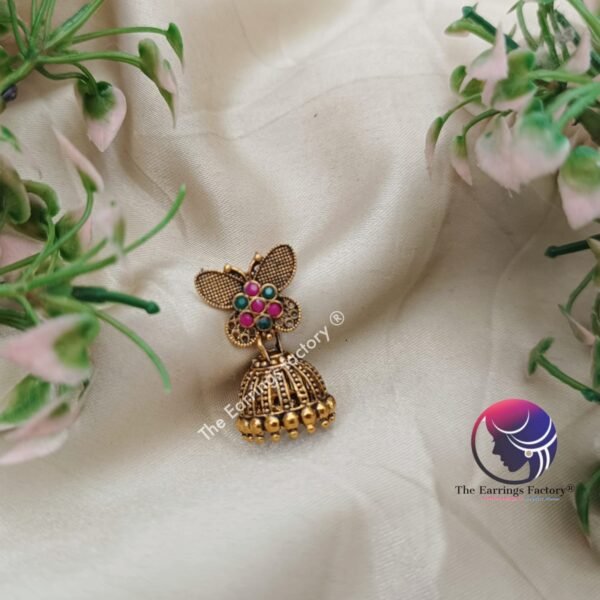 Traditional Multi Stone Golden Butterfly Jhumka - Image 3