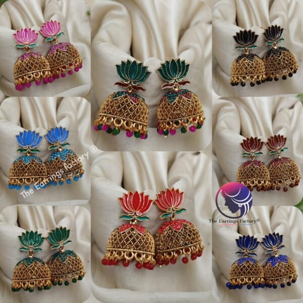 Traditional Golden Colourful Lotus Stone Jhumka - Image 2