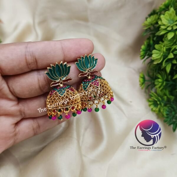 Traditional Golden Colourful Lotus Stone Jhumka - Image 3