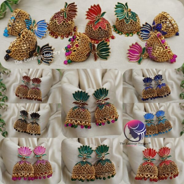 Traditional Golden Colourful Lotus Stone Jhumka