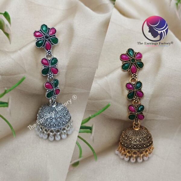 Traditional Golden | Silver Multi Stone Long Jhumka - Image 2