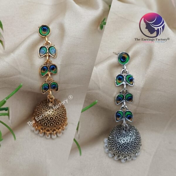 Traditional Golden | Silver Peacock Long Jhumka - Image 2