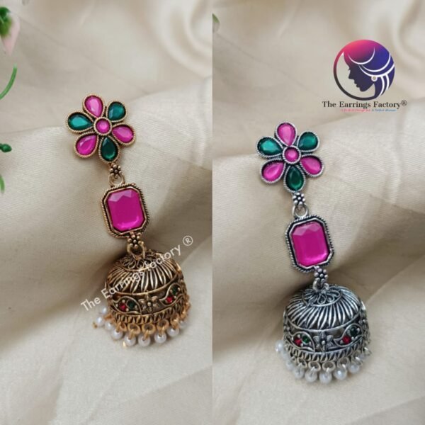 Traditional Golden | Silver Multi Stone Long Jhumka - Image 2