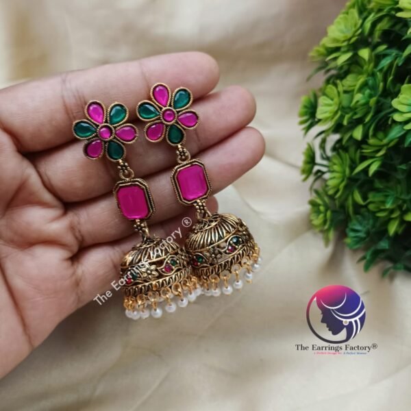 Traditional Golden | Silver Multi Stone Long Jhumka - Image 3